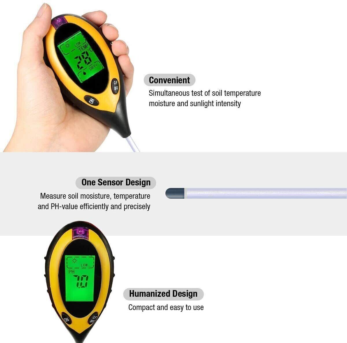 4 in 1 Soil Tester - LCD Digital PH, Water Moisture, Temperature & Sunlight Meter - Shopiville