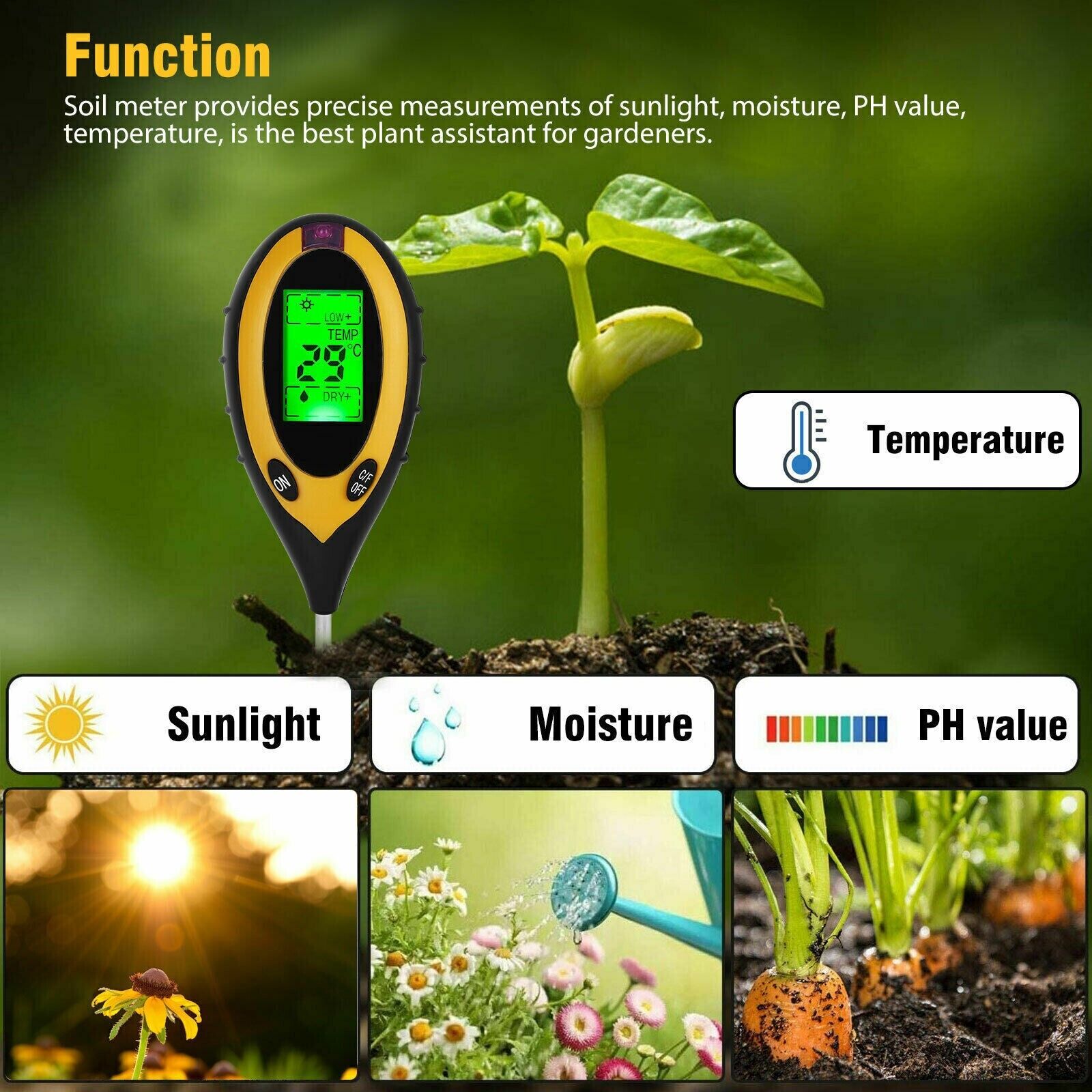 4 in 1 Soil Tester - LCD Digital PH, Water Moisture, Temperature & Sunlight Meter - Shopiville