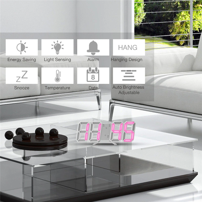 Digital 3D LED Wall Desk Alarm Clock with Snooze and Auto 12/24 Hours